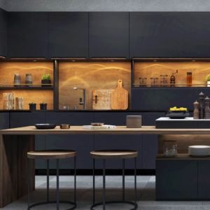 Beautiful open plan matte black kitchen and  kitchen island with